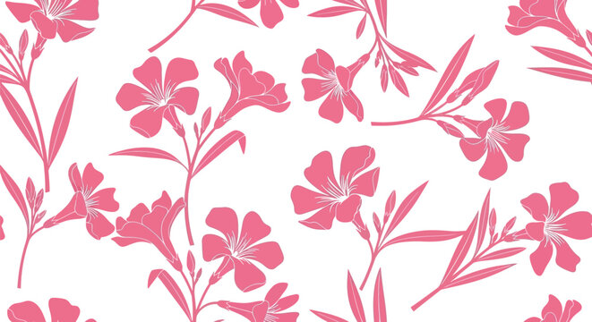 Seamless pattern of pink oleander flowers and leaves, hand-drawn sketch style, repeating floral design