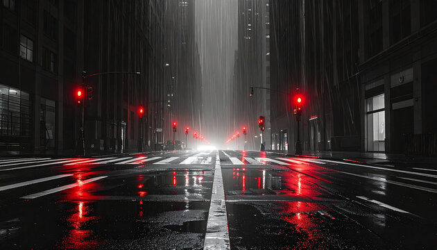 A wide shot of an empty city intersection at 3 AM, wet asphalt reflecting a single 