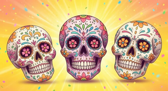 A colorful illustration of three sugar skulls on a yellow background
