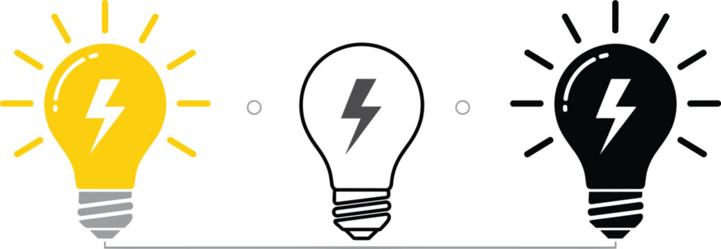 Light bulb with lightning bolt icon set in yellow outline and black solid styles for electricity energy concepts.