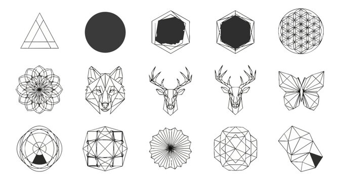 Geometric shapes and animal forms vector illustrations on black background