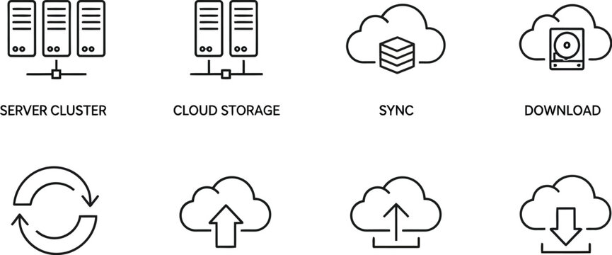 Cloud computing line icons display server data storage and syncing.