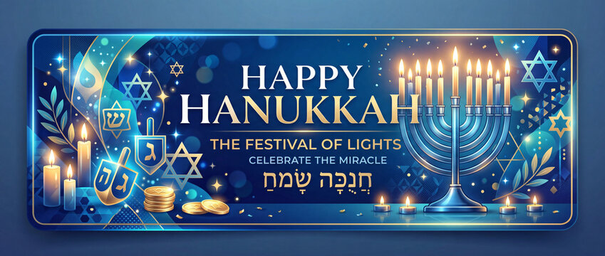 Panoramic happy hanukkah header featuring glowing menorah and hebrew text on decorative blue pattern.