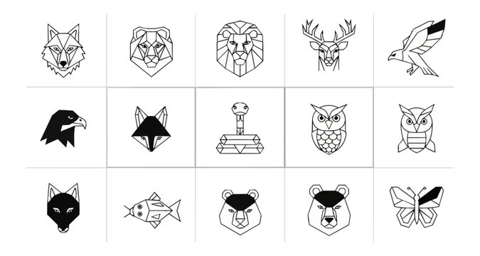 Geometric animal icons set on black background