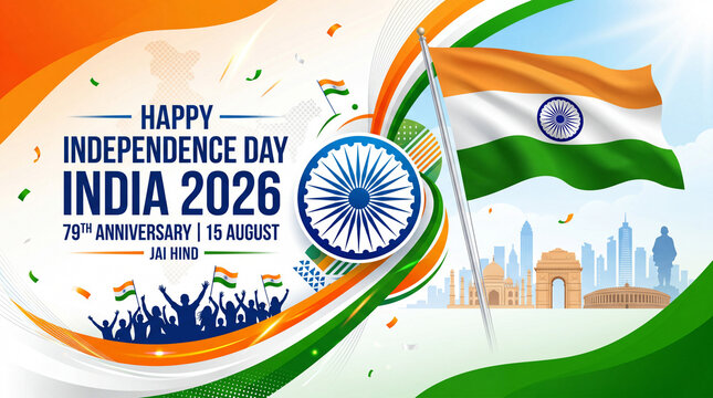 Happy independence day india 2026 79th anniversary poster with people crowd.