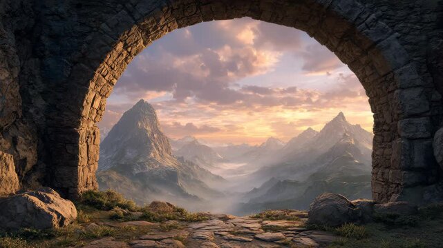 Mountain landscape sunrise valley stone arch scenic panorama at golden dawn framed by ancient ruin