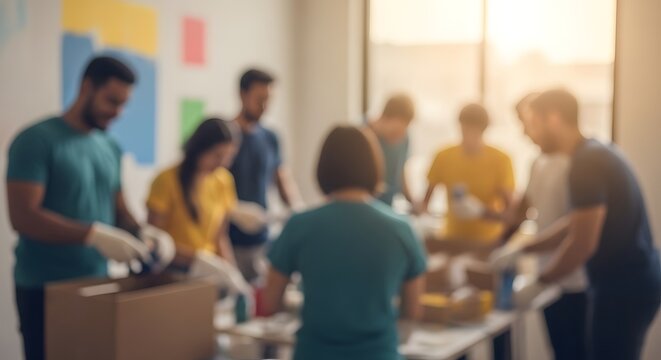 Group of volunteers packing donation boxes in community center with blurred people working hard.