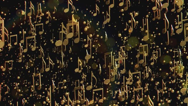 A seamless 4k loop motion background showing golden musical notes descending gently against a warm, blurred bokeh of orchestral stage lights