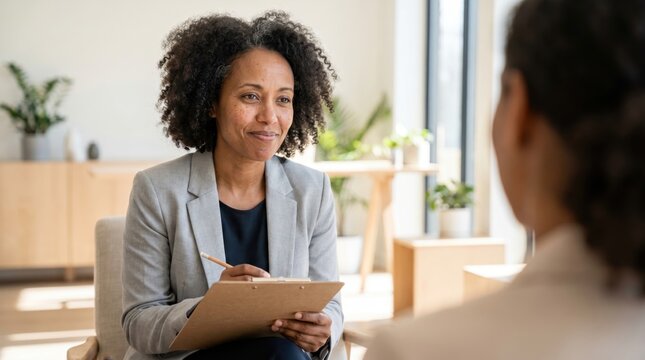 Professional african american therapist taking notes during a counseling session in a bright office. Mental health consultation and personal support in a calm modern clinic setting.