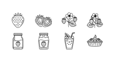 Minimal strawberry line icons featuring fruit plant juice jam and dessert berry outline vector set © MdAmzad