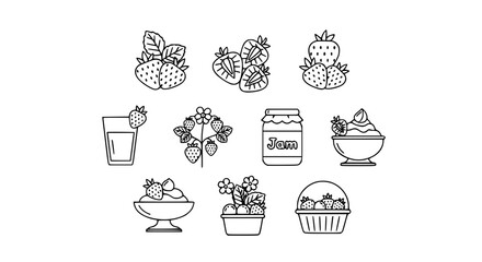Strawberry fruit outline icon collection with berry plant juice jam and dessert symbols vector line art set © MdAmzad