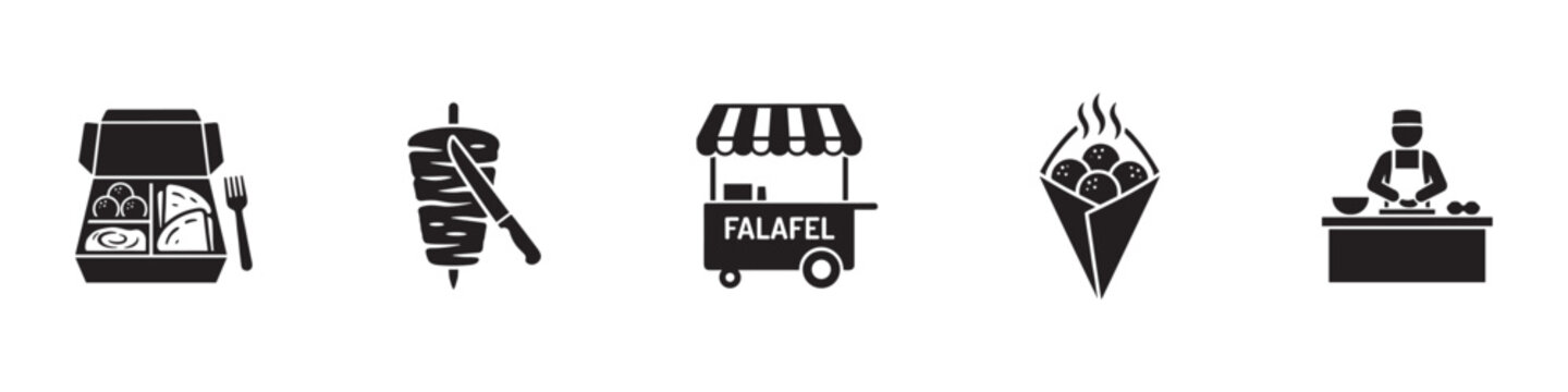 Falafel and middle eastern street food icon set. Shawarma and takeout symbols, catering and fast food silhouettes. Vector Illustration.	
