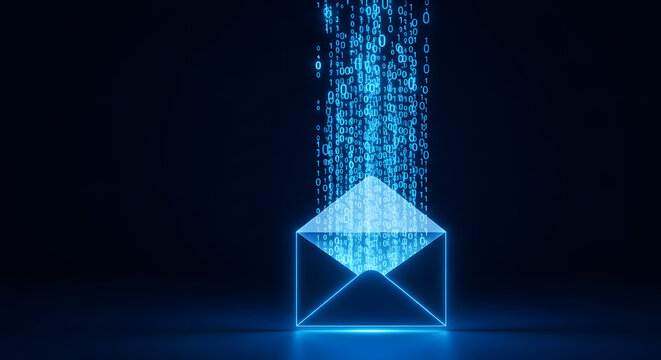 Digital envelope sending binary code data stream on dark background abstract technology concept.