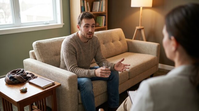 Young white man speaking with therapist on a sofa in a cozy living room during a counseling session. Mental health support and private psychotherapy conversation in a home setting.