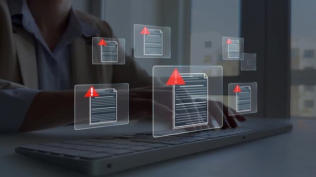 Modern scam document alert concept highlighting fraud detection, cybersecurity protection, identity theft risk and phishing threats in digital communication and online systems.