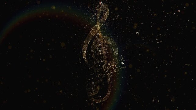 Majestic musical 4k loop animatioon of a treble clef formed from glowing golden particles and tiny musical notes against a dark background with elegant bokeh light spots