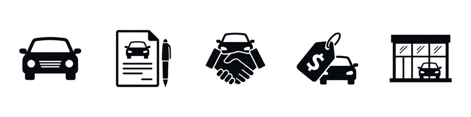 Car dealership and auto sales icon set with handshake, contract, price tag, and showroom symbols, black silhouettes isolated on white background. Vector Illustration. 