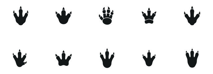 Dinosaur footprint icon set with various prehistoric reptile tracks and bird claws, black silhouettes isolated on white background. Vector Illustration.   © Roberto_Caravelli