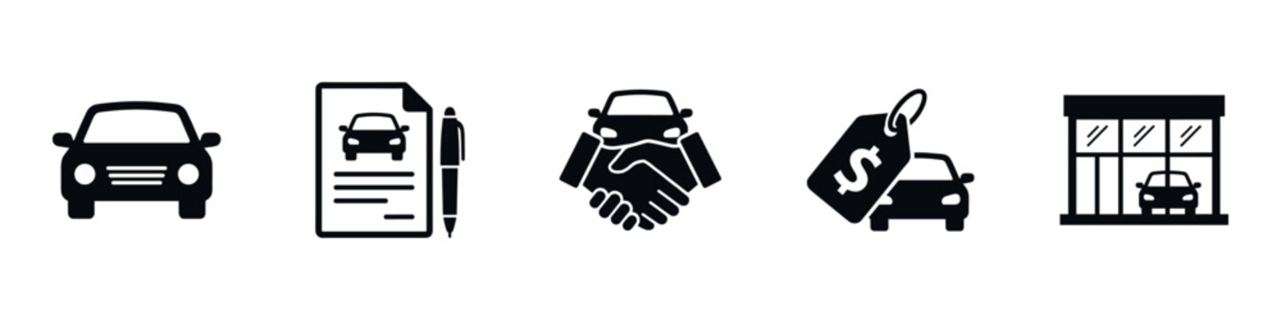 Car dealership and auto sales icon set with handshake, contract, price tag, and showroom symbols, black silhouettes isolated on white background. Vector Illustration.	
