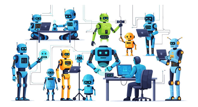 Conceptual vector illustration of diverse robotic characters interacting with technology and each other, set against a clean white background in a flat, cartoon style that conveys a sense