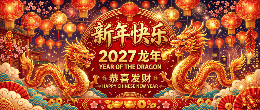 Happy Chinese New Year 2027 year of the dragon festive banner with lanterns and firecrackers.