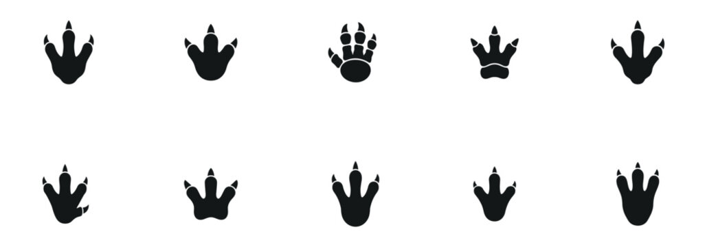 Dinosaur footprint icon set with various prehistoric reptile tracks and bird claws, black silhouettes isolated on white background. Vector Illustration.	
