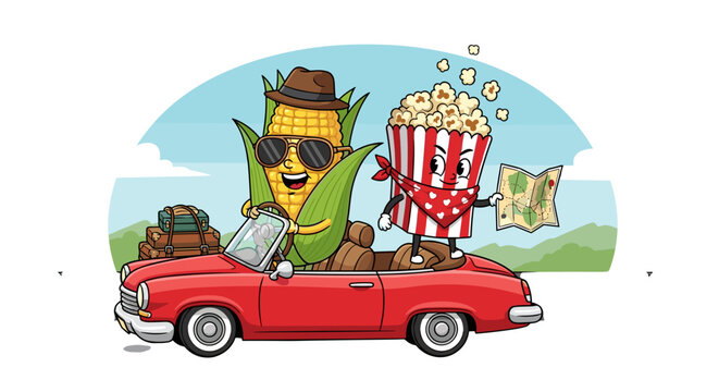 Cartoon corn character driving a red convertible car