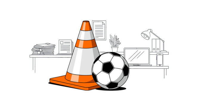 Traffic cone soccer ball and construction equipment scene