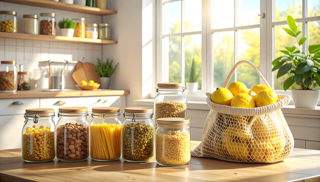 A bright and airy kitchen scene showcases a collection of glass jars filled with various dry goods and a basket of fresh lemons, bathed in warm sunlight streaming through a window.