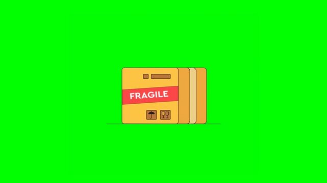 2D Animated Illustrated Closed Delivery Boxes Featuring Safety Label With Fragile Contents and Handling Instructions Popping up on Green Background