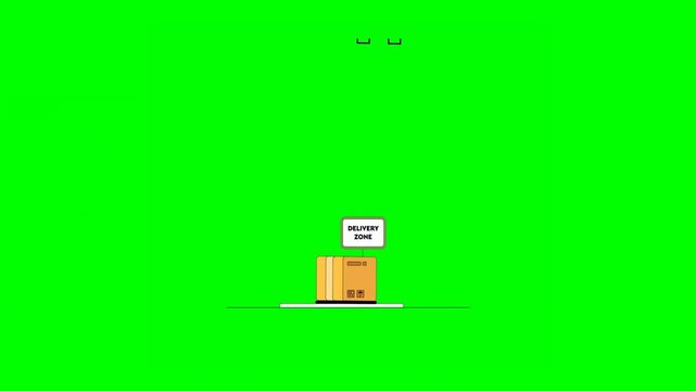 2D Illustrated Drone Hovering Above Designated Location Labeled Delivery Zone Dropping Parcel Marked With Delivery Information on Green Background.