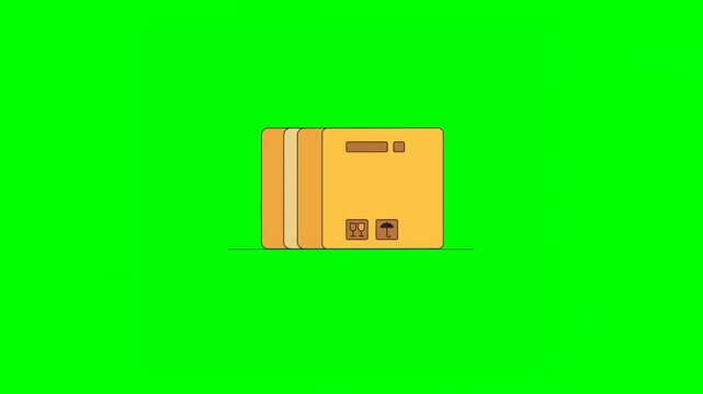 2D Animated Illustrated Closed Delivery Box Packages With Goods Symbols and Shipping Details Popping up on Green Background.