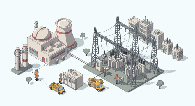 Isometric Nuclear Power Plant and Electrical Substation Illustration.