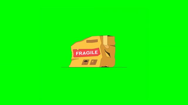 2D Animation of Illustrated Damaged Closed Delivery Box Featuring Safety Label With Fragile Contents and Handling Instructions Popping up on Green Background