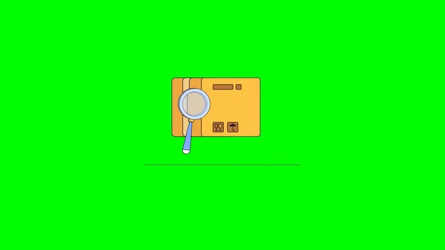 2D Animated Magnifying Glass Inspecting Delivery Package in Center of the Screen on Green Background