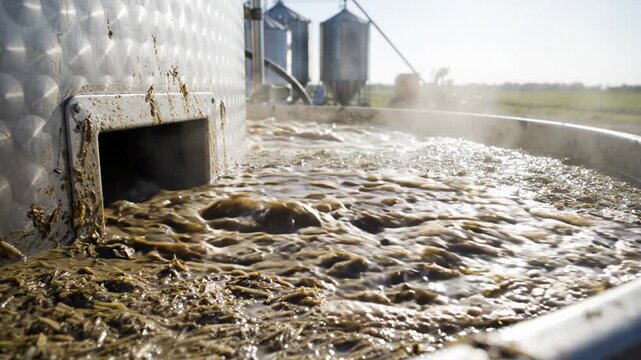 Steam rises from bubbling organic biomass in a tank at a green energy biogas plant on a farm.