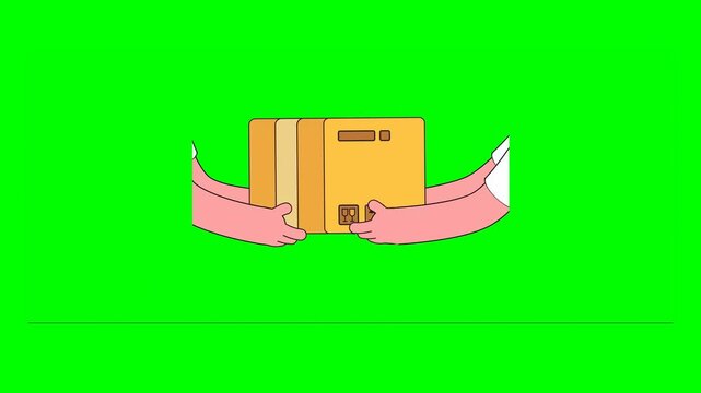 2D Illustration of Two Hands of Delivery Man Handing Over Yellow Parcel Boxes to Customer on Green Background