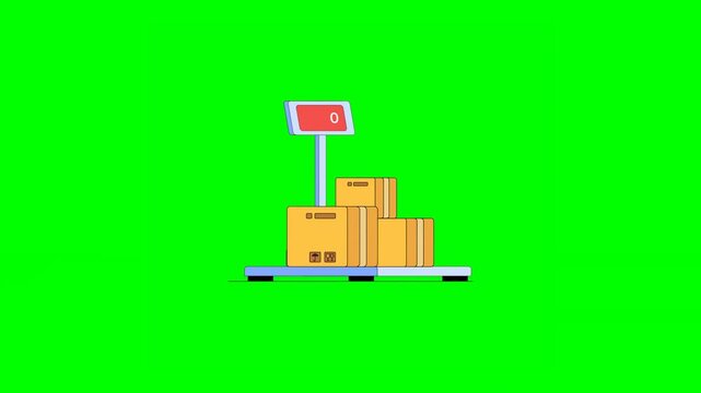 2D Animated Stack of Brown Boxes Placed on Scale Reading Red Showing Exceeded Weight Measurement on Green Background