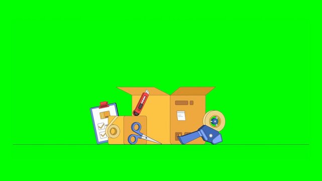 2D Illustration of Various Items for Parcel Wrapping Popping up on Green Background Including Scissors, Tape, Utility Knife, Scanner and Cardboard Boxes.