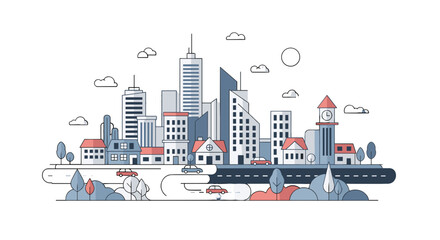 Naklejka premium Urban City Skyline with Modern Buildings Line Art