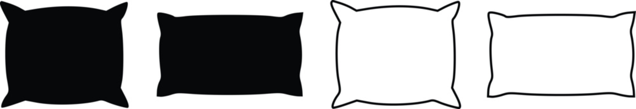 Pillow Silhouette Set Vector, Cushion Shape Collection Black and Outline Isolated on White Background