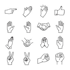 Fototapeta premium Collection of hand gesture icons for communication and actions on a white background