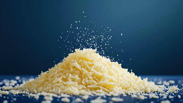 Grated premium cheddar cheese isolated on blue background. Fresh grated cheese for toppings and cooking