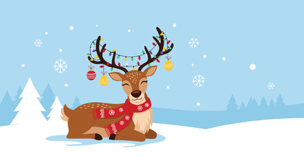 Fototapeta premium Beautiful reindeer with a red scarf and colorful holiday lights on its antlers lying in a snowy winter landscape with trees.