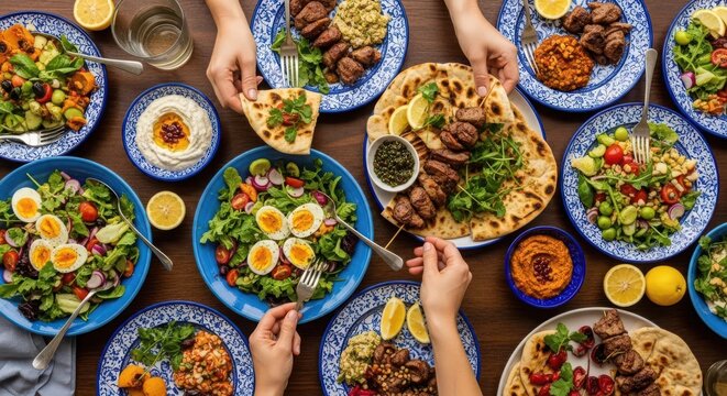 A table with many plates of food on it