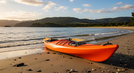 Fototapeta premium Bright Orange Kayak Resting on a Scenic Sandy Beach at Sunset