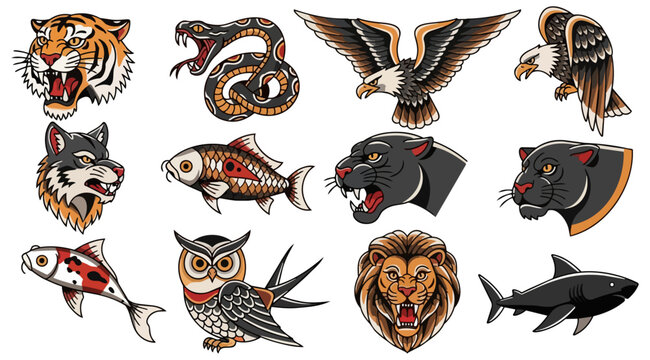 Collection of detailed animal illustrations on black background