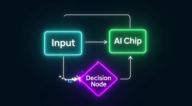Neon ai chip flowchart diagrams with decision nodes and inputs on dark background