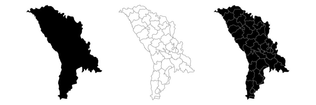 Moldova country vector map in white background.Moldova political map.Map  black silhouette . Low detailed. Solid simple style.Outline black and white. Vector editable.
