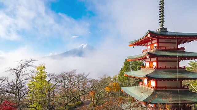 4K Timelapse of Mt. Fuji with Chureito Pagoda in autumn, Fujiyoshida, Japan.
